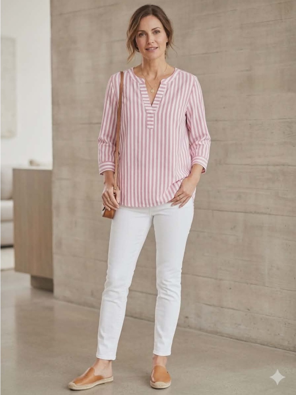 Jane and Delancey Rose Pink & White Striped V-Neck Tunic Long Sleeve Size 1x